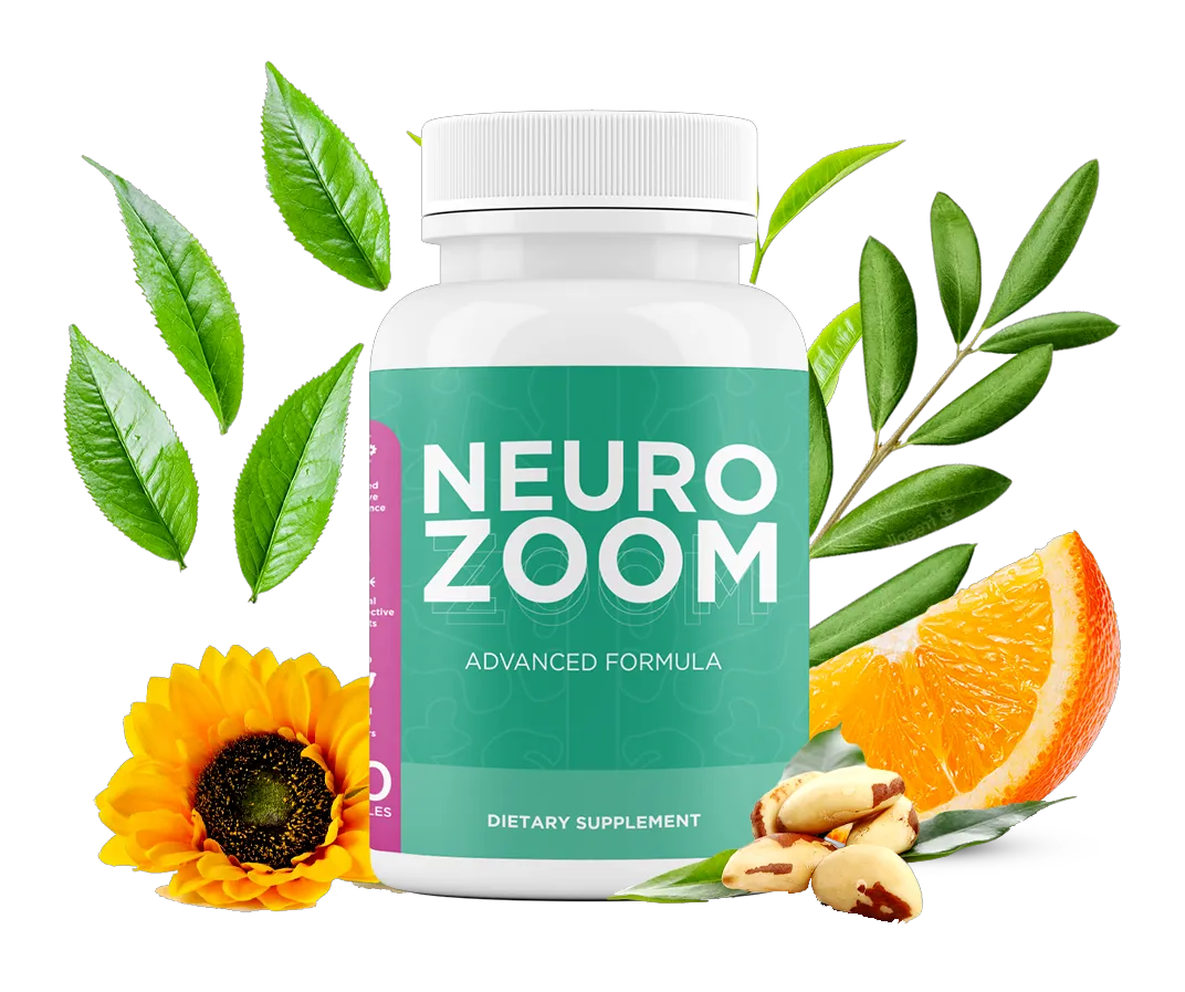NeuroZoom Advanced Formula bottle with green tea leaves, sunflower, orange slice and Brazil nuts